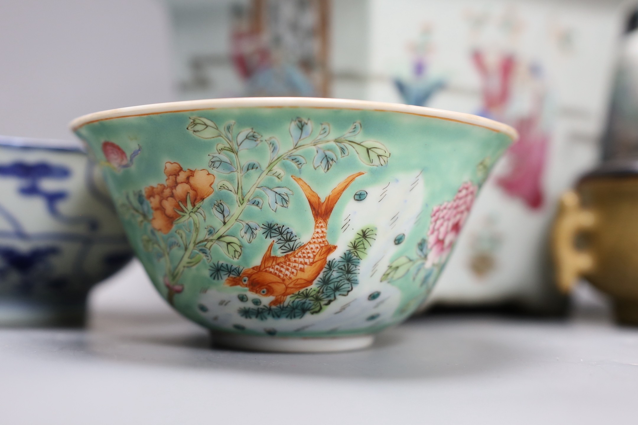 A 19th century Chinese famille rose planter, a jar and cover, two bowls and a crackle ware censer and wood cover, plater 16 cms high